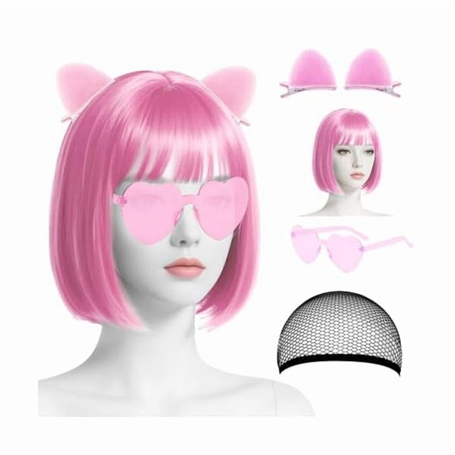 wonima44 Wig and Party Sunglass, Neon Short Bob Wig, Bob Wig and Hairpin,Wigs for Women for Bachelorette St patrick's Day Party Wigs Decorations Favors (Pink)