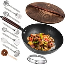 12.8" Carbon Steel Wok-11Pcs Woks & Stir Fry Pans Wok Pan with Lid, No Chemical Coated Chinese Woks with 10 Cookware Accessories, Flat Bottom Wok for Electric, Induction,Gas Stoves