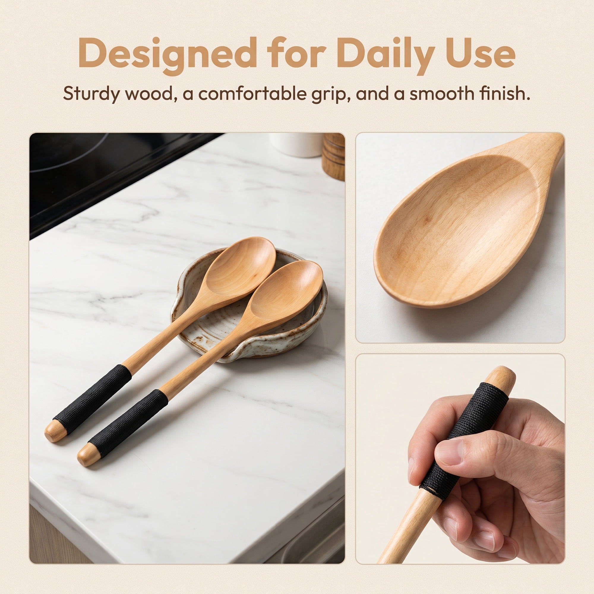 Unique Bargains Wood Non Stick Cookware Kitchen Utensils Set Natural A 2Pcs