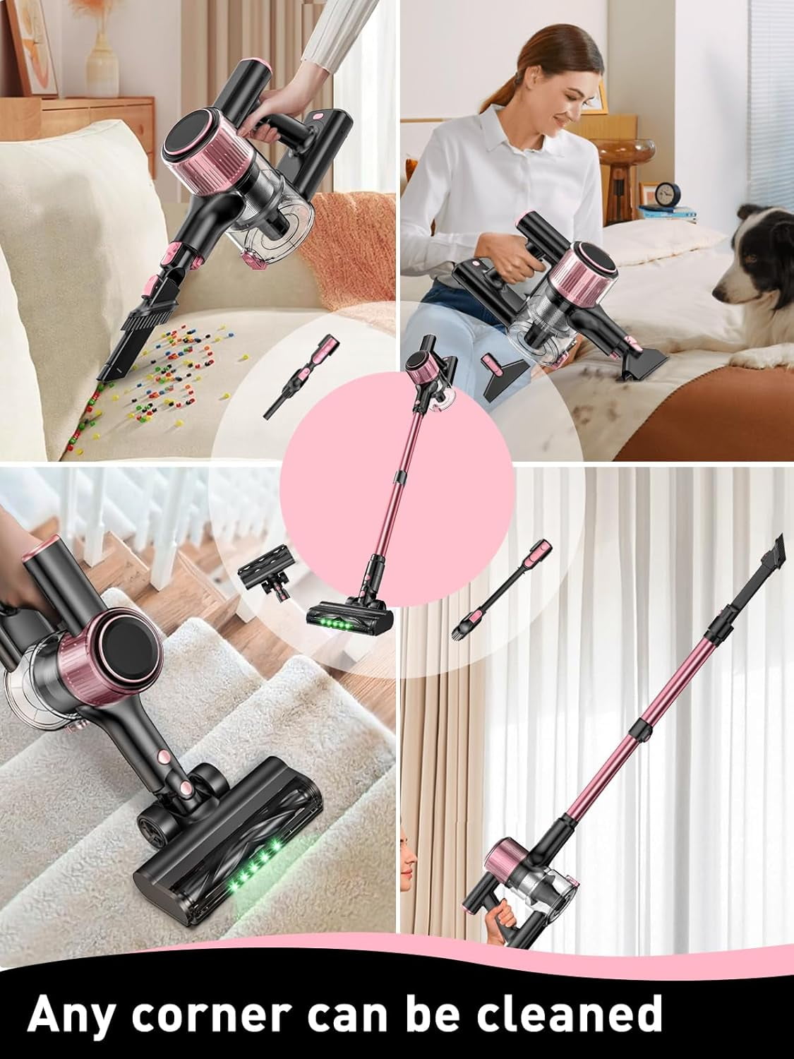 Cocbny Cordless Vacuum Cleaner, 8 in 1 Lightweight Stick Vacuum for Home Hardwood Floor Carpet Pet Hair, A27, Pink