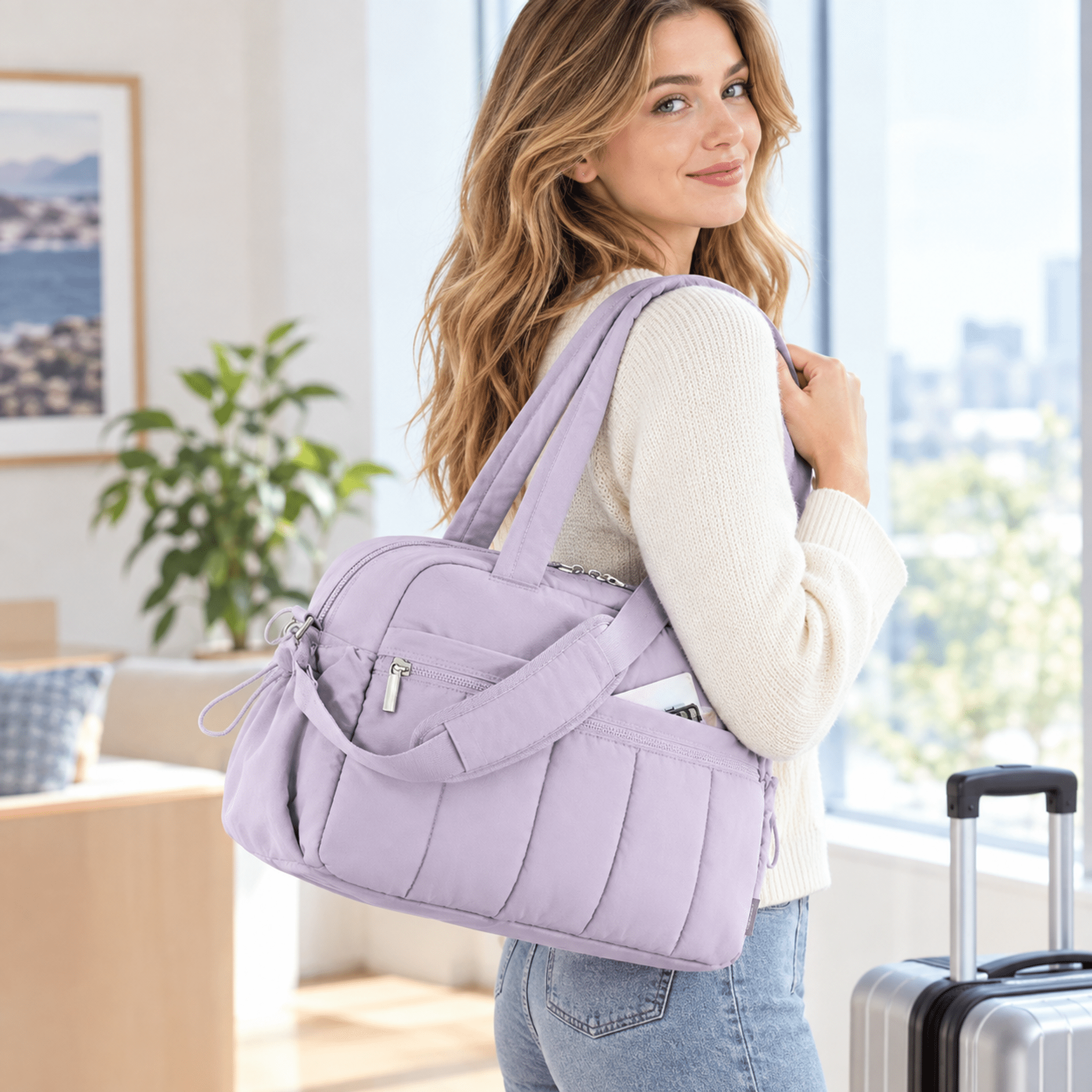 Large Capacity Slit Fluffy Shoulder Bag, Waterproof Portable Luggage Tote Bag, Multi Zipper Pocket Design, Sports And Fitness Travel Handbag
