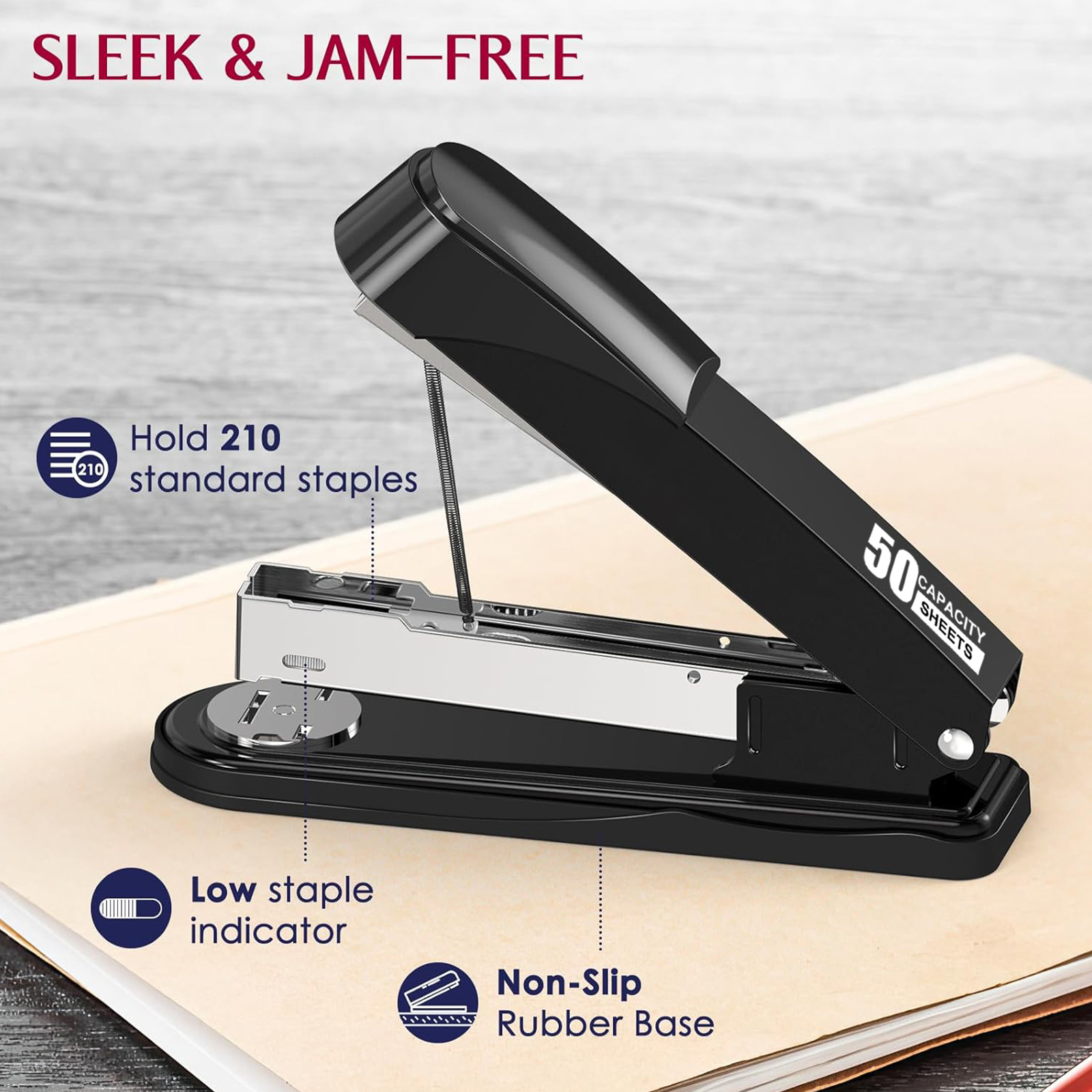 Baodeli Heavy-Duty Metal Stapler, 50-Sheet Capacity, Black photo 5