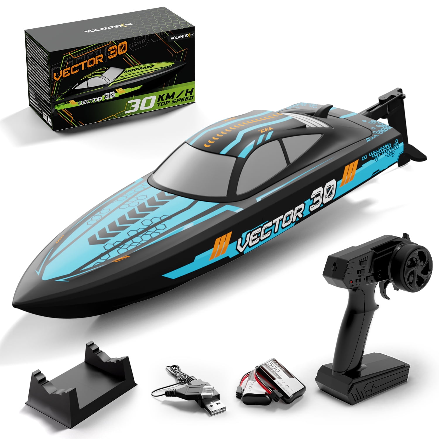 RC Boat 20MPH Fast Remote Control Boat with Lights 2.4Ghz Toy Boat for Pools and Lakes with 2 Rechargeable Batteries Toys Gifts for Adults, Blue
