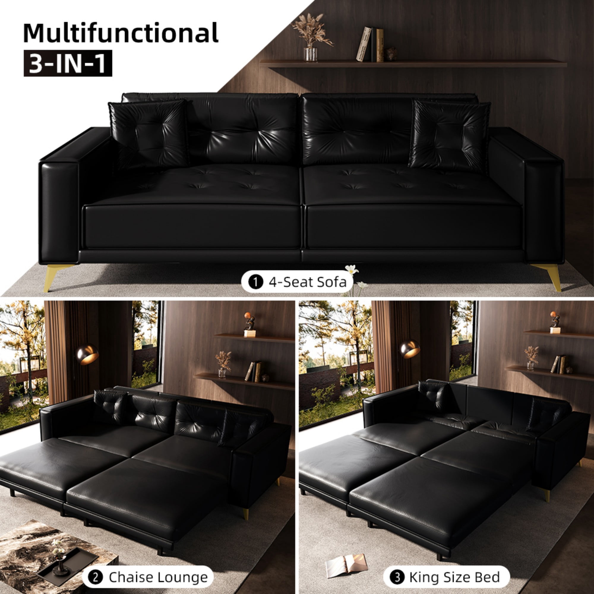 DEALTOPS 92" Modern 4-Seater Faux Leather Pull Out Sofa Bed, King Size 3-in-1 Sleeper with 2 Pillows, Black