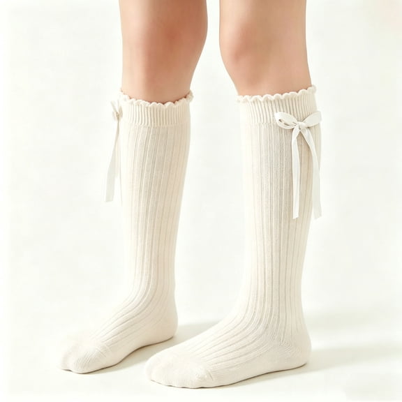 RKSTN Baby Socks Girl Cotton Knee High Socks Bow Solid Color Comfortable Versatile Princess Sweet Kids Socks (Beige ,5-6Years)