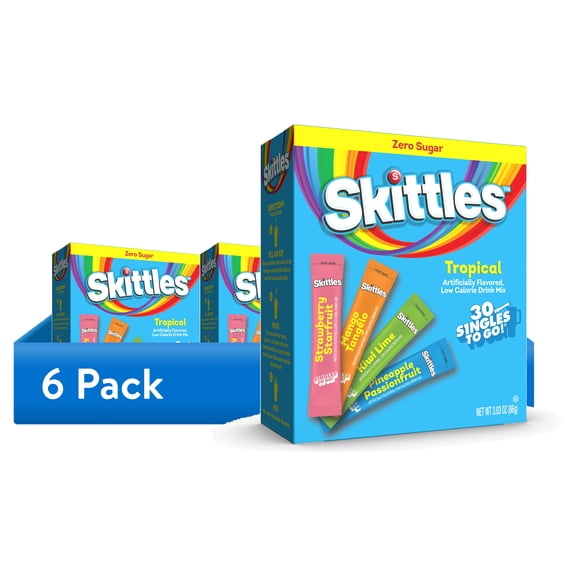 (6 pack) Skittles Zero Sugar Variety Pack Singles-to-Go Powdered Drink Mix, Tropical, 30 Count Packets