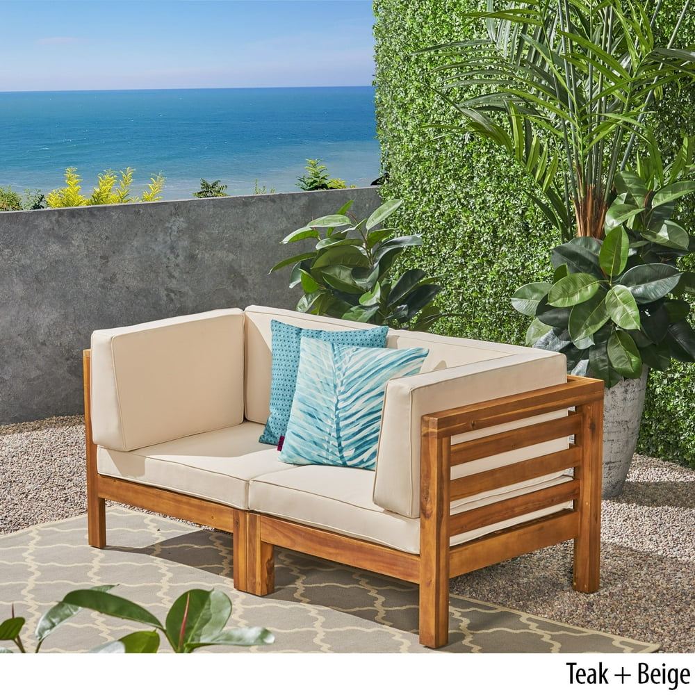 Dawson Outdoor Modular Acacia Wood Loveseat with Cushions, Teak and Beige