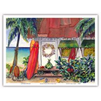Holiday at the Surf Shack - Hawaiian Beach House (Hale) at Christmas - From an Original Hawaii Watercolor Painting by Peggy Chun - Master Art Print (Unframed) 9in x 12in