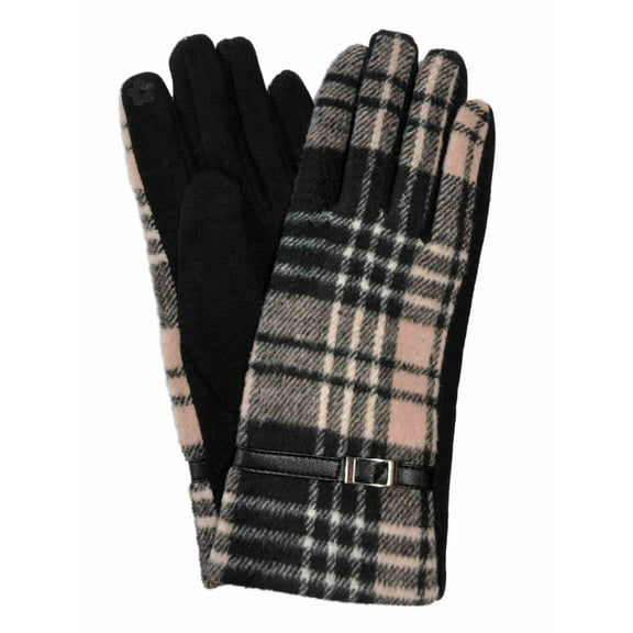 Womens Pink & Black Plaid Belted Stretch Fit Texting & Tech Touchscreen Gloves