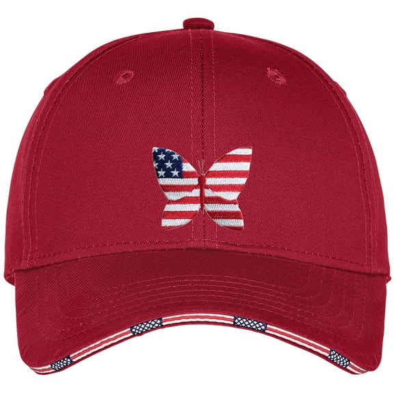 Adult Patriotic Butterfly Patch Americana Style Adjustable Cotton Twill Hat Cap - Deep Red