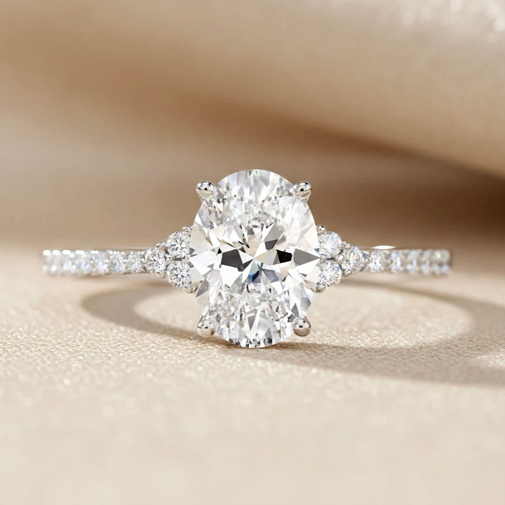 Tilo Jewelry 14K White Gold 1.50 Carat Solitaire Oval-Shaped Engagement Wedding Ring with Side-stone Accents | Size 5 | Classic Engagement Ring for Women