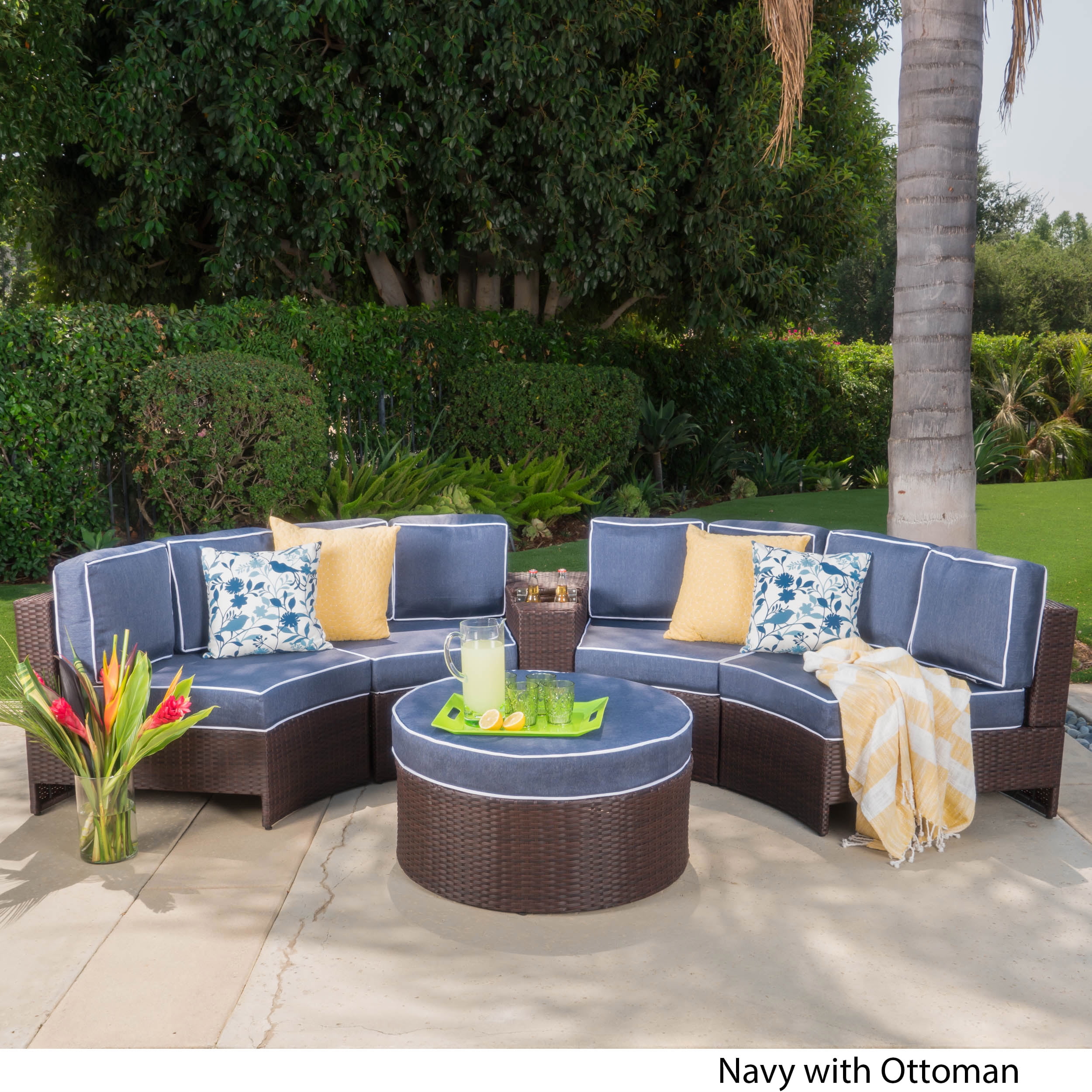 Riviera Portofino Wicker 6 Piece Semicircular Sectional Sofa Seating Set With Cushions Navy Walmart Com Walmart Com