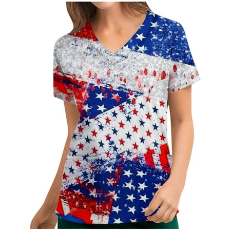 

Women s V Neck 4th of July Scrub_Tops Short Sleeve White Red Blue Printed Summer Tops Casual Loose Tshirt with Pockets