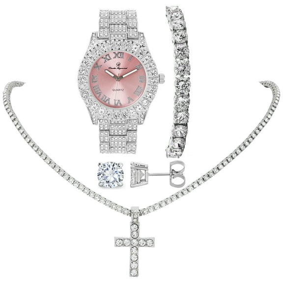 Women's Iced out Watches with Diamond Stud Earrings and Flawless blinged out Cross Tennis Necklace & Bracelet -(24", ST10327LA SLV PINK 4pcs cross)