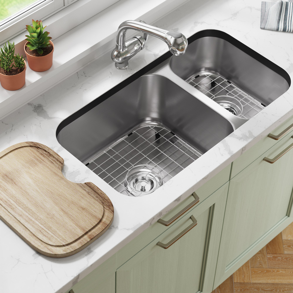 3218B 16 Gauge Double Offset Bowl Stainless Steel Kitchen Sink, Basket