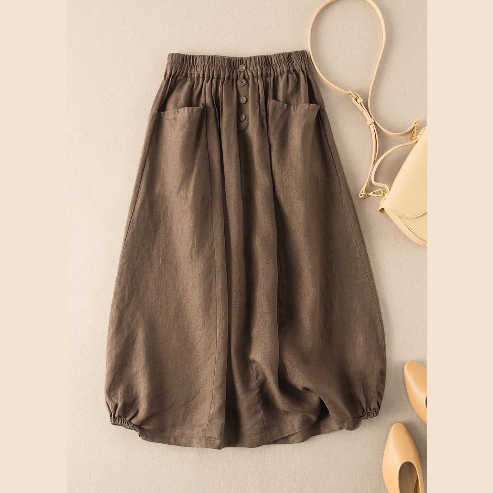 Yuyuzo Cotton Linen Skirts For Women Elastic High Waist Solid Color Casual Loose Long Skirts Button Fashion Pocketed Skirts Other