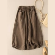 qolati Women's Cotton Linen Midi Skirt Summer Casual Elastic Waistband A-Line Skirt Lightweight Loose Boho High Waist Beach Skirt