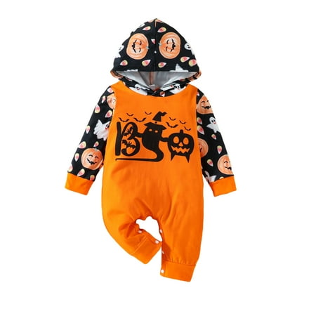

Biekopu Newborn Baby Long Sleeve Jumpsuit Casual Halloween Print Hooded Rompers for Toddler Infant Girl Boy