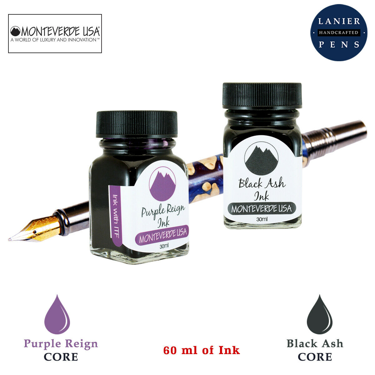 Monteverde 60ml Core Fountain Pen Ink Bottle (30ml Purple Reign Ink Bottle G309PR, 30ml Black Ash Ink Bottle G309BA)