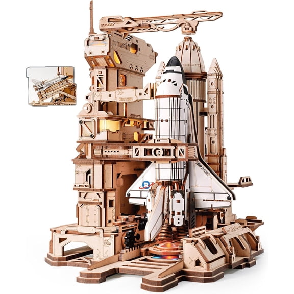 ROKR Space Shuttle 3D Wooden Puzzle, 1:420 Scale Mechanical Building Kits with Lights & Moving Parts, for Adult Xmas Gift, Ages 14