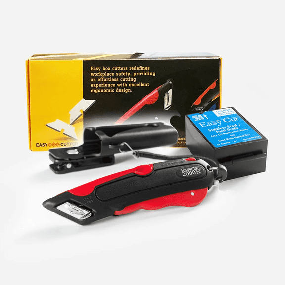 Easy Box Cutter, 2000 Red East Cut with 81 ct Food Grade Replacement Blades, Extra Tape Cutter at Back, Dual Side Edge Guide, 3 Blade Depth Setting Box Cutter