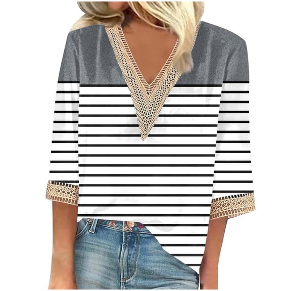 YUGYXL 3/4 Sleeve Tops for Women V Neck Loose Fit Boho Shirts Lace Printed Casual Spring Summer Fashion Gray M