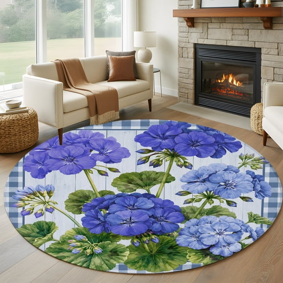 Blue Geranium Clusters Round Area Rug 5ft, Botanical Floral Blue Plaid Washable Non-Slip Circle Rugs for Bedroom Living Room Kitchen, Soft Low Pile Carpet for Dining Room Playroom Nursery