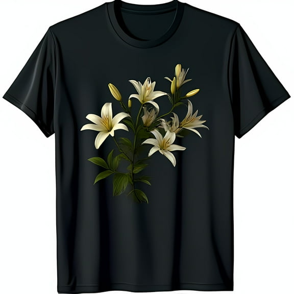 Stylish Black T-Shirt with Elegant White Lily Floral Graphic Design