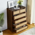 thumbnail image 3 of LEVNARY 5 Drawer Chest Dresser, Rattan Tall Dresser 5 Chest of Drawers Dressers for Bedroom, Wooden Storage Cane Cabinet with Metal Handles for Living Room Hallway (Walnut), 3 of 8