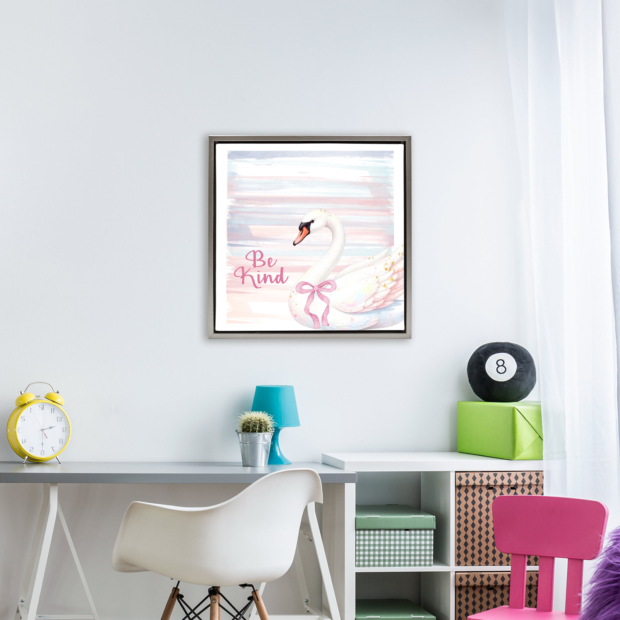 Be Kind Pastel Swan Gray Framed Floater Canvas Wall Art, design by Kim Allen