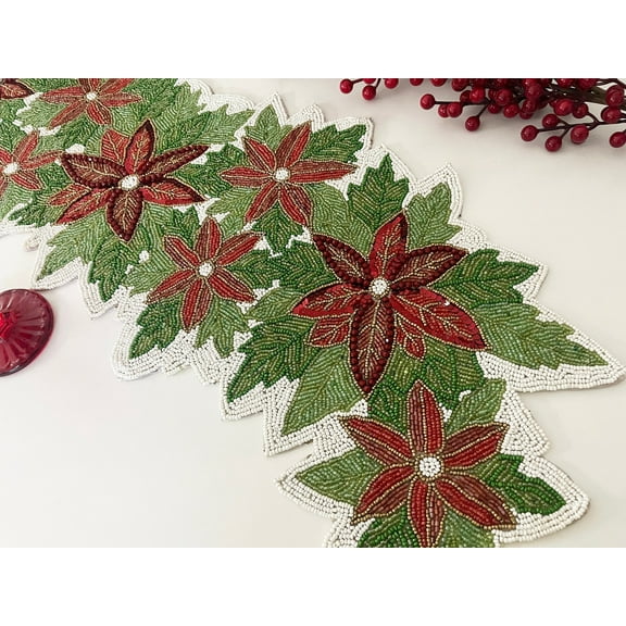 Christmas handmade table runner, red and green floral beaded table runner, Poinsettia runner, 13x36inch