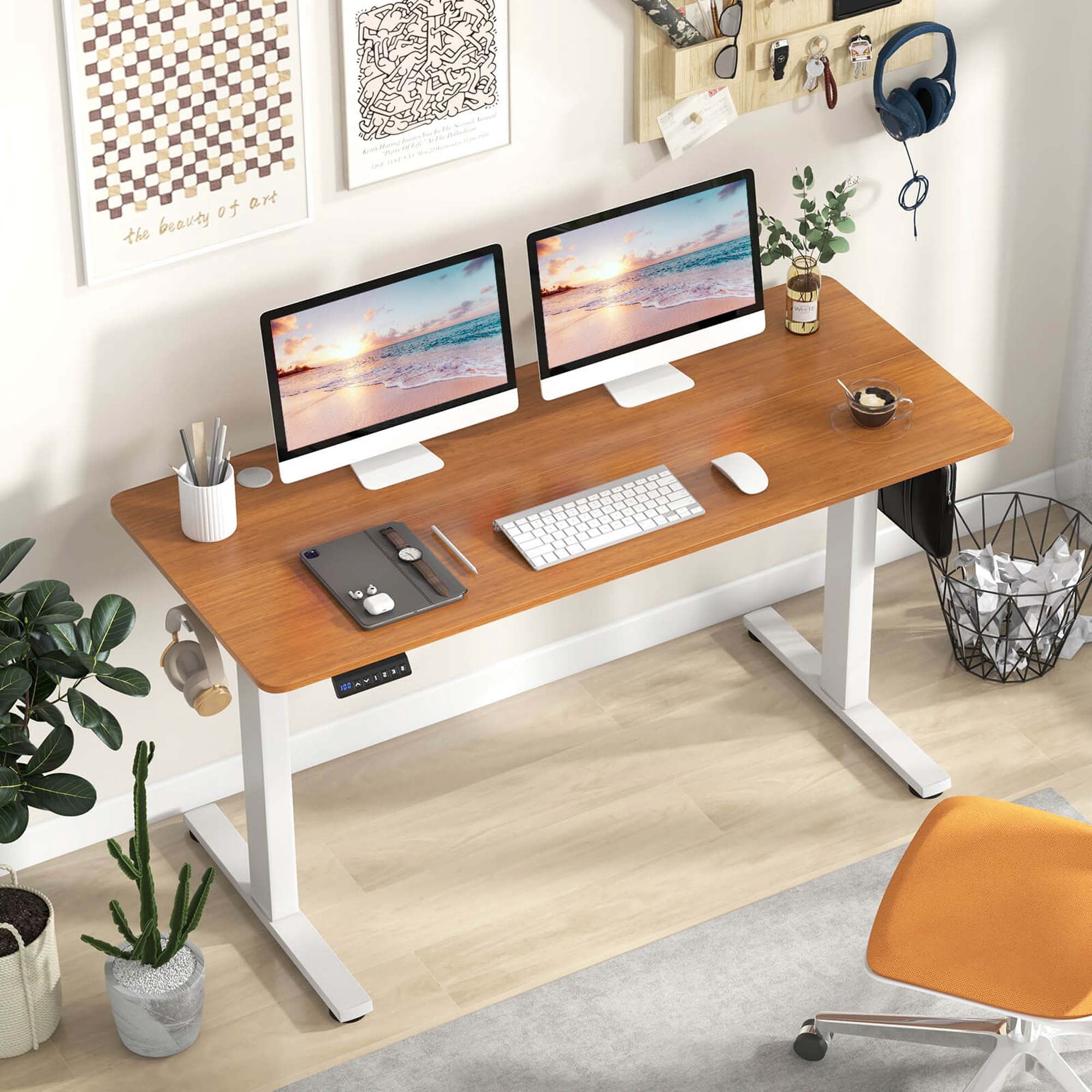 Costway 55" x 24" Electric Standing Desk with 3 Memory Height Settings 2 Hanging Hooks Natural