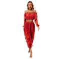 thumbnail image 2 of TiaoBug Womens Belly Dance Costume Long Sleeve Off Shoulder Crop Top+Sequined Dots Chiffon Pants Set Red One Size, 2 of 7