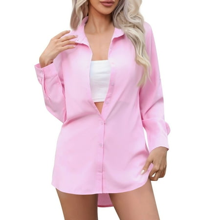 HaHaHappy Oversized Linen Shirts for Women Spring Fall Casual Classic Long Sleeve Loose Solid Button Down Tops 2024 Pink S