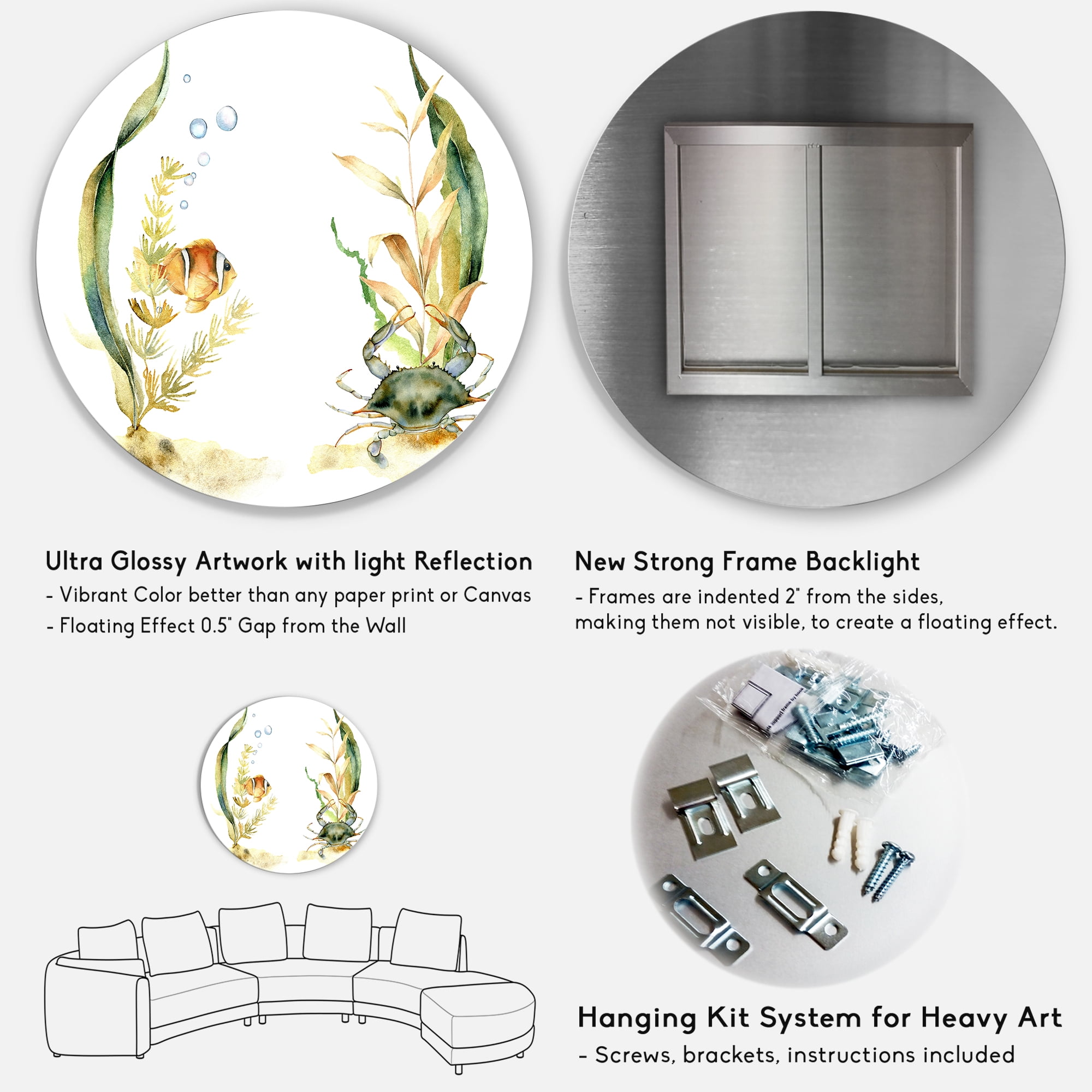 Designart 'Tropical Fish With Air Bubble and Algae' Traditional Circle Metal Wall Art 36x36 - Disc of 36