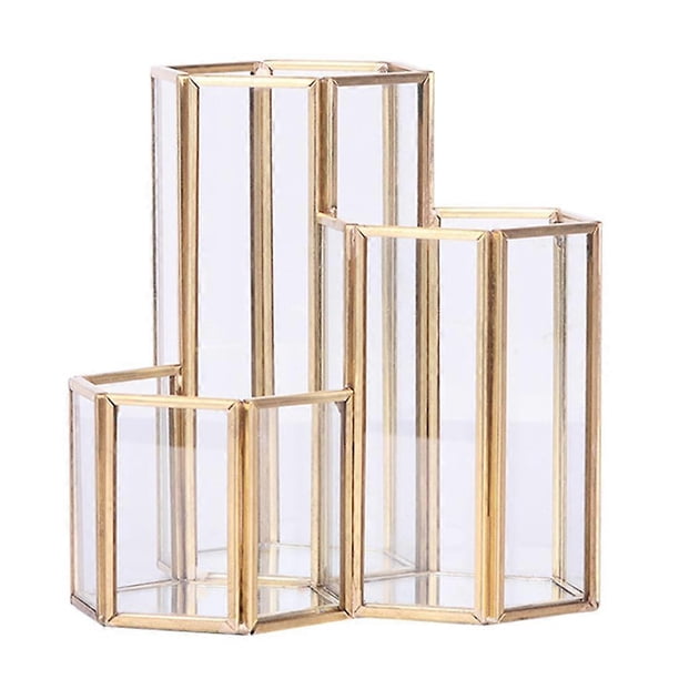 Glass Gold Pen Holder Hexagon Shaped Organizer for Desk Pens Rulers Makeup Brush Storage Combination for Case Container