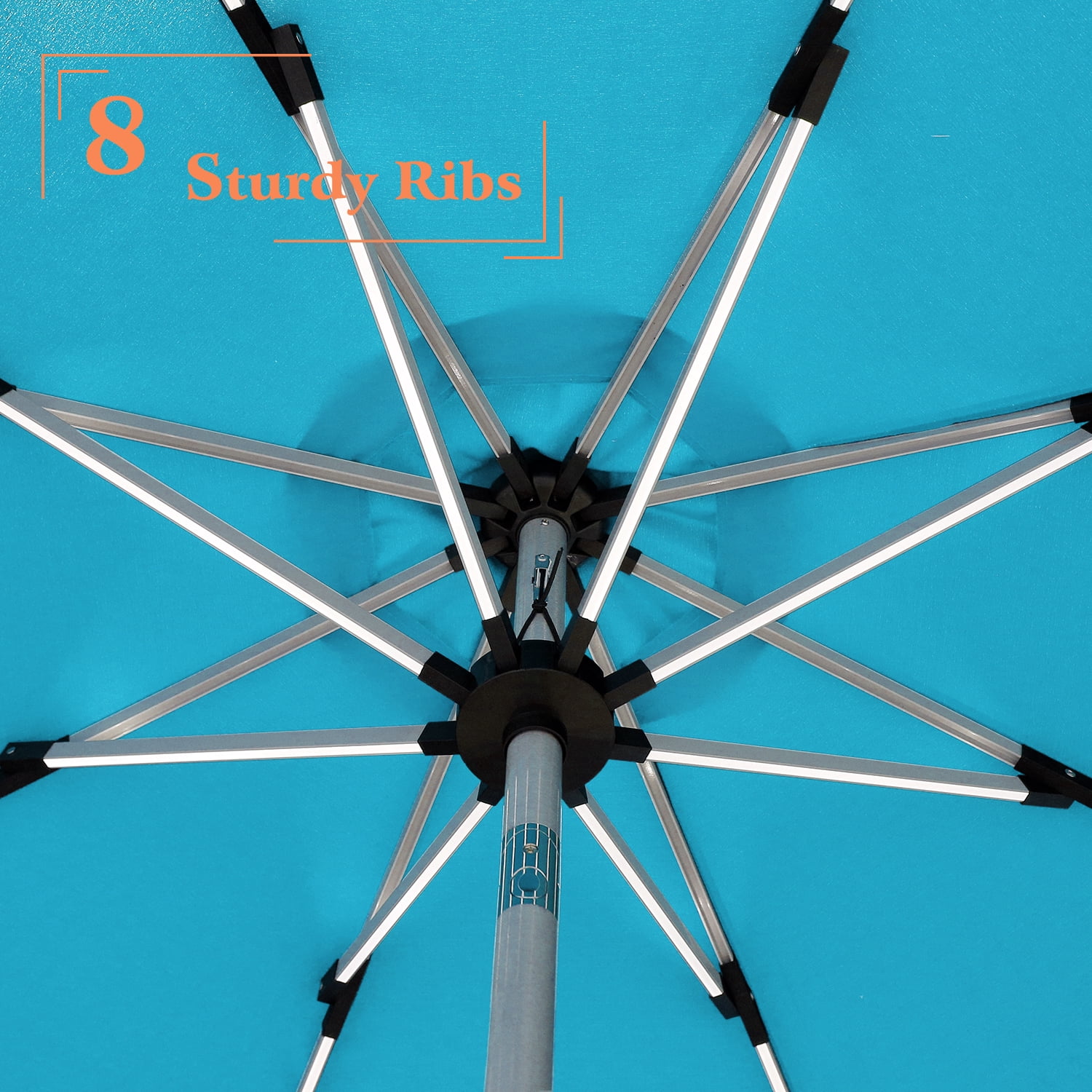 Superjoe 9 ft Solar Patio LED Umbrella with Push Button Tilt & Crank Outdoor Table Umbrella with 8 Ribs Strip 32 LED Lights, Lake Blue