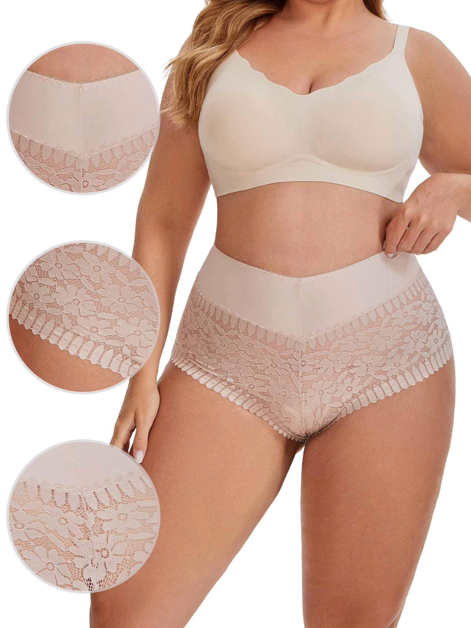 DARING DIVA Women's Sheer Lace Trim Mid Rise Briefs for Comfort and Style 3XL Beige