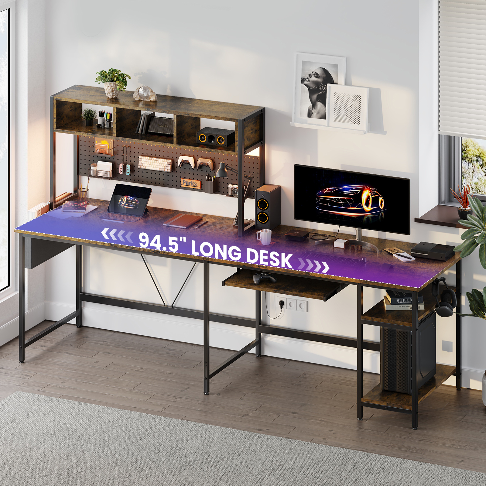 CONCETTA 67" Modern L-Shaped Gaming Desk with LED Lights and Power Outlets, Computer Desk with Drawer, Keyboard Tray for Monitors, Black