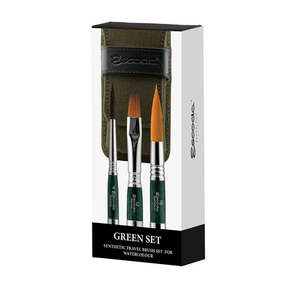 Escoda Artist Watercolor Travel Brush Set w/Canvas Pouch 3 Short Handle Brushes (Green)