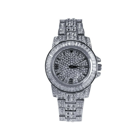 Fully Iced Out Simulated Diamond Bling Stainless Steel Hip Hop White Gold Finish Men Adjustable Size Band Custom Luxury Rapper Quartz Watch
