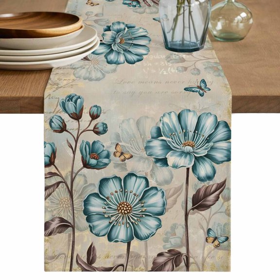 Table Runner 120 Inches Long for Kitchen Dining, Blue Tulip Dresser Scarf Farmhouse, Dining Table Decorations for Wedding/Parties, Vintage Flowers Leaves Butterfly Khaki Rustic 13 x 120 In