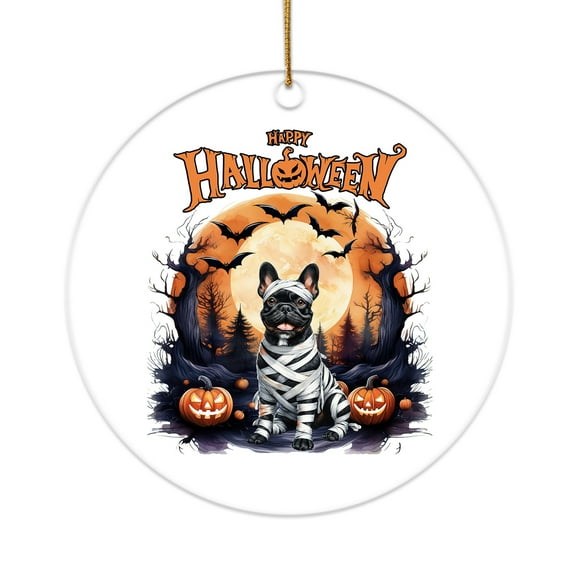 Mummy French Bulldog Happy Halloween with Pumpkins Bats Spooky Fun Acrylic Round Ornament Dog Lover Gifts Home Tree Decor - 00019