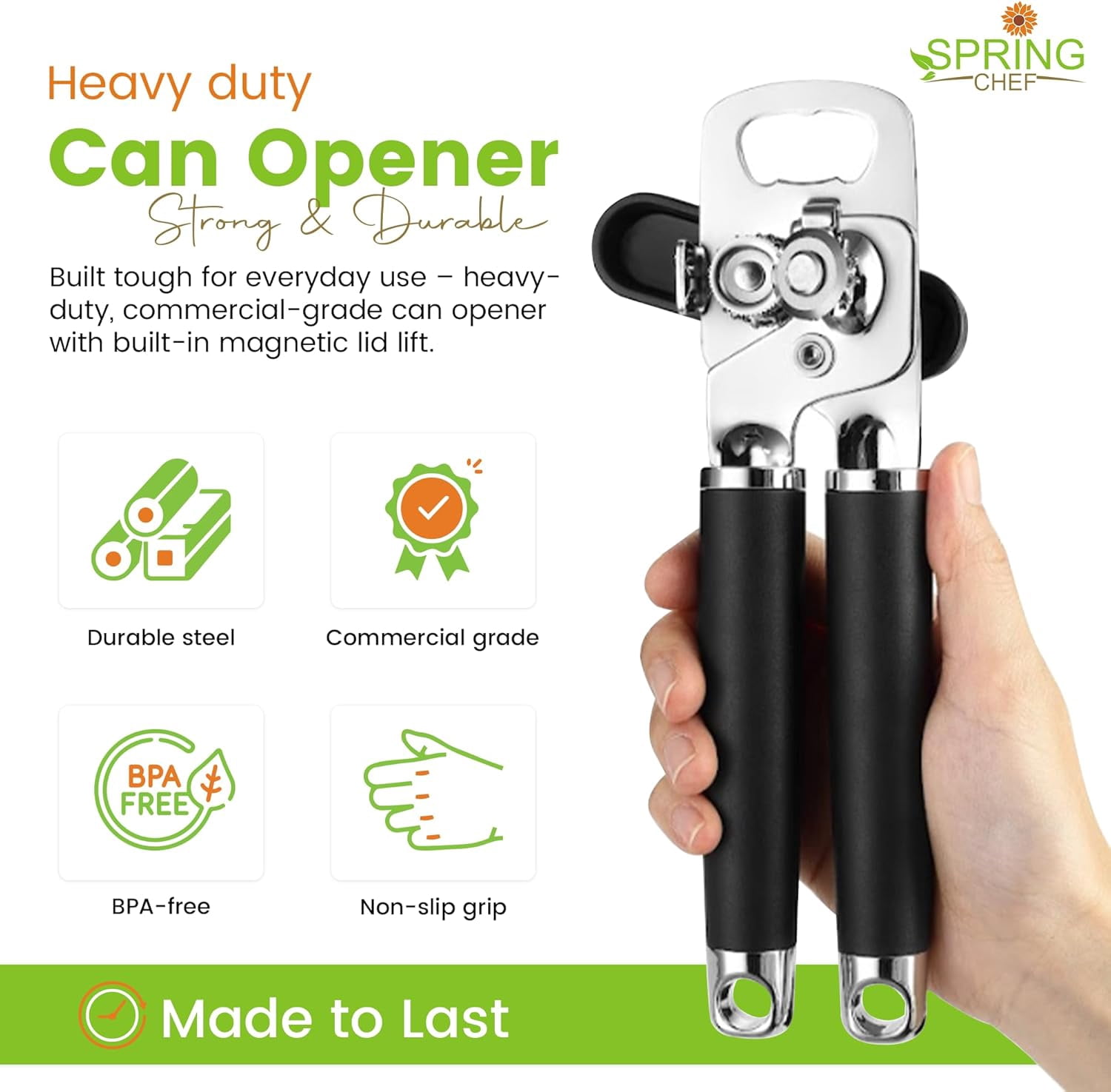 Stainless Steel Can Opener - Manual with Soft Grip Handles, Easy Turn, Heavy Duty Hand Openers for Seniors Smooth Ed Magnetic Lid Remover