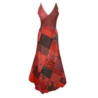 Mogul Womens Cotton Patchwork Red Dress Floral Print Deep V Neck Bohemian Fashion Sundress