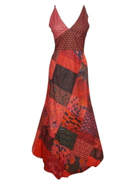 Mogul Womens Cotton Patchwork Red Dress Floral Print Deep V Neck Bohemian Fashion Sundress
