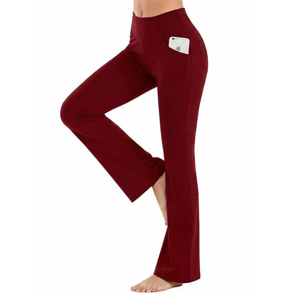 ValueVibe Womens Flare Yoga Pants with Pockets Bootcut Yoga Leggings High Waist Tummy Control Workout Pants, Burgundy L