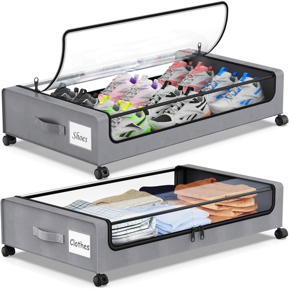 Under Bed Storage with Wheels, 2-Pack Underbed Storage Containers with Clear Lids, Under Bed Shoe Storage Organizer, Rolling Under the Bed Storage Bins for Clothes Shoes Blankets (Gray)