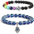 thumbnail image 1 of Pulseras contra el mal de ojo Pulseras con cuentas de Fátima de mano Pulsera de protección con amuleto elástico de ojo azul 2 piezas, 1 of 5