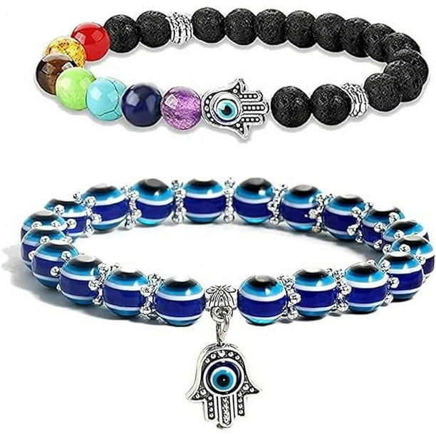 Pulseras contra el mal de ojo Pulseras con cuentas de Fátima de mano Pulsera de protección con amuleto elástico de ojo azul 2 piezas